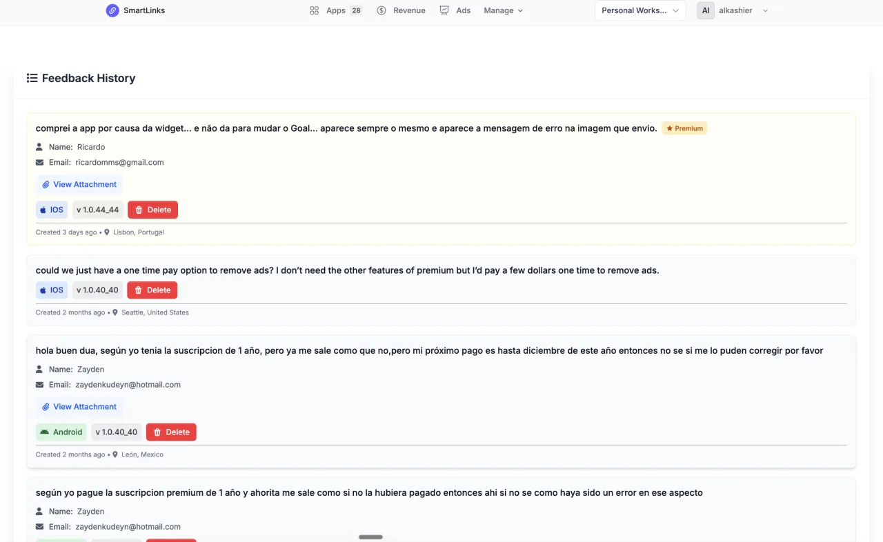 Feedback Inbox workspace preview in SmartLinks